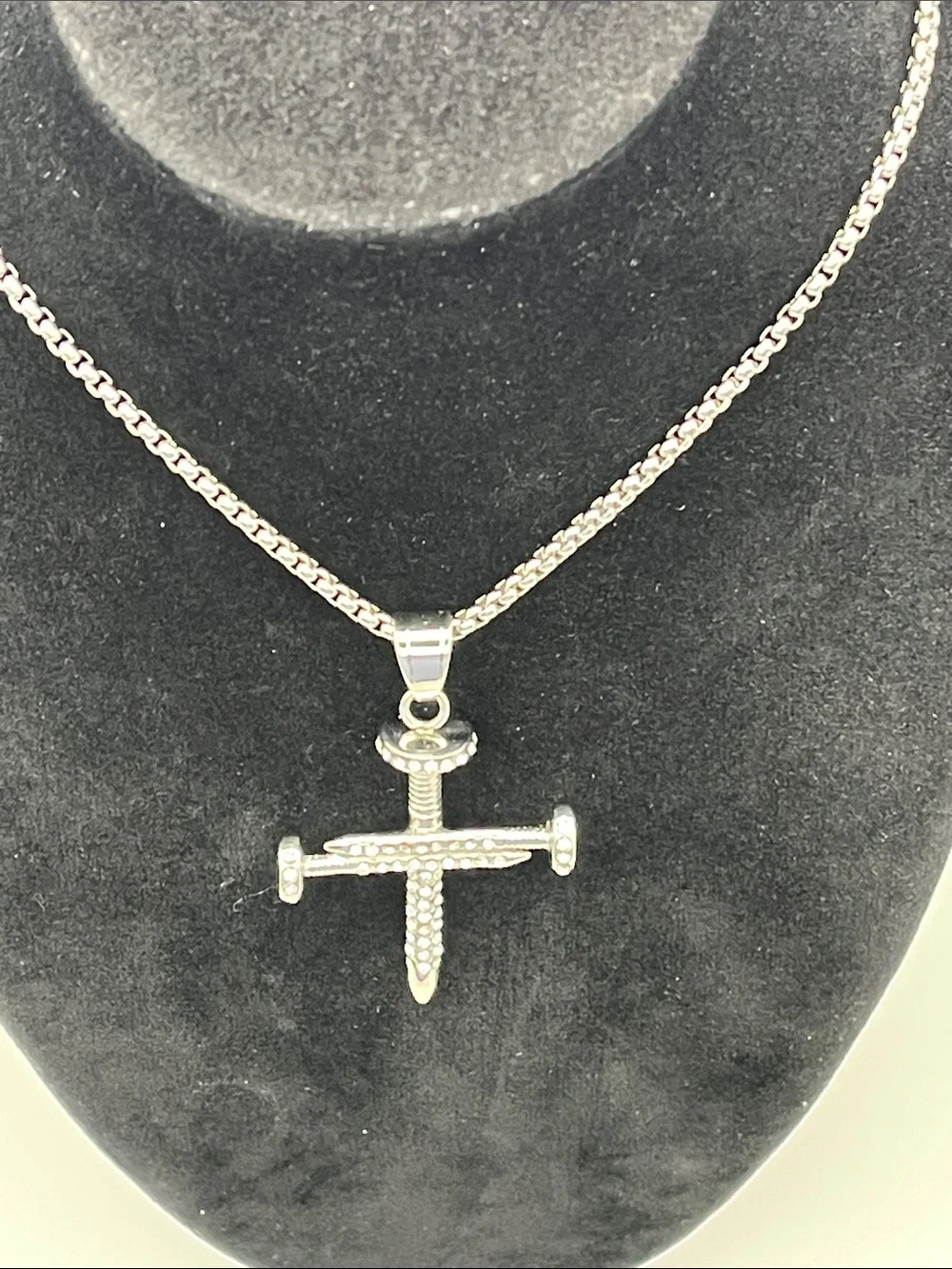 24”, Stainless Steel Crystal Nail Cross Pendant Necklace - Unbranded